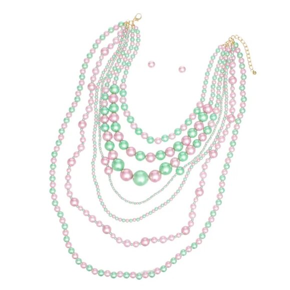 AKA Sorority Pink Green 7 Strand Pearl Necklace Set - Picture 6 of 7